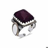 ​Gümüş Bordo Taşlı Köşeli Erkek Yüzük