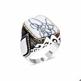 ​Gümüş Çizgili Beyaz Taşlı Köşeli Erkek Yüzük