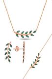 Gümüş rose yeşil  taşlı yaprak  üçlü set