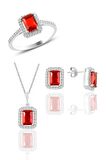 Gümüş rodyumlu kırmızı taşlı baget üçlü set