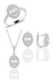 Gümüş rodyumlu oval gümüş baget taşlı üçlü set