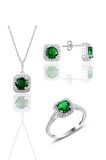 Gümüş rodyumlu kök zümrüt taşlı kare üçlü set