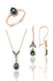 Gümüş rose kök zümrüt  taşlı damla üçlü set 