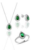 Gümüş rodyumlu kök zümrüt taşlı damla modeli üçlü set