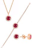 Gümüş rose zirkon ve  kök yakut taşlı pırlanta modeli üçlü set