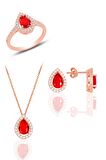 Gümüş rose kırmızı taşlı damla modeli üçlü set