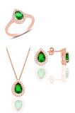 Gümüş rose kök zümrüt taşlı damla modeli üçlü set