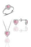 Gümüş rodyumlu pembe taşlı pırlanta montürlü kalp üçlü set