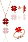 Gümüş rose kırmızı taşlı yonca kolye küpe ve yüzük üçlü set