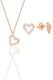 Gümüş rose zirkon taşlı kalp kolye ve küpe ikili set