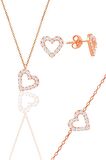 Gümüş rose zirkon taşlı kalp kolye,bileklik ve küpe üçlü set