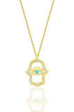Gümüş altın yaldızlı turkuaz ve zirkon taşlı koruyucu hamsa el kolye SGTL12669GOLD