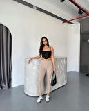 Wearflawless Kadın Bej Scuba Crep Kumaş Beli Lastikli Şalvar Model Balon Pantolon