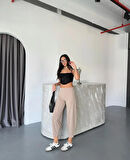 Wearflawless Kadın Bej Scuba Crep Kumaş Beli Lastikli Şalvar Model Balon Pantolon
