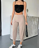 Wearflawless Kadın Bej Scuba Crep Kumaş Beli Lastikli Şalvar Model Balon Pantolon