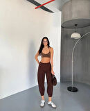 Wearflawless Kadın Kahverengi Scuba Crep Kumaş Beli Lastikli Şalvar Model Balon Pantolon