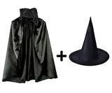 Siyah Yakalı Pelerin Ve Siyah Cadı Şapkası Seti Boy