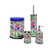 SİLİWAX BAHAR DESEN-4Lü Set Pedallı Yavaş kapanır Çöp Kovası Wc Klozet Fırça Sabunluk Diş Fırçalık 