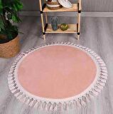 Modern Dekoratif Yuvarlak Puffy Peluş Ponpon Saçaklı Salon Oturma Odası Halısı Pembe