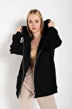 Kadın Siyah Oversize Pusula Sırt Baskılı Hırka Sweatshirt