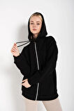 Kadın Siyah Oversize Pusula Sırt Baskılı Hırka Sweatshirt