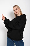 Kadın Siyah Sırt Pusula Baskılı Oversize Sweatshırt