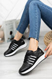 Kadın Beyaz Siyah Bağcıklı Şeritli Hafif Esnek Yürüyüş Konforlu Yumuşak Taban Sneaker Spor Ayakkabı