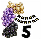 5 Yaş Siyah, Gold, Mor Balon+Banner Seti