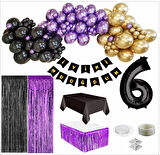 6 Yaş Siyah, Gold, Mor Balon, Siyah-Gold Doğum Günü Seti