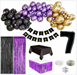 7 Yaş Siyah, Gold, Mor Balon, Siyah-Gold Doğum Günü Seti