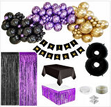 8 Yaş Siyah, Gold, Mor Balon, Siyah-Gold Doğum Günü Seti