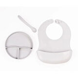 Gri 3’lü Silikon Yemek Seti – Önlük + Diş Kaşıyıcılı Kaşık + Vakumlu Tabak