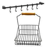 Leyloş Retro Ferforje Askılı Siyah  Ahşap Kulplu Düzenleyici Mutfak Sepeti