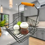 Leyloş Retro Ferforje Askılı Siyah  Ahşap Kulplu Düzenleyici Mutfak Sepeti