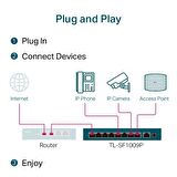 TP-LINK OMADA TL-SF1009P, 8 Port, MegaBit, Metal Kasa, 8 Port PoE, 65W, +1 Port Uplink, Yönetilemez, Masaüstü Switch