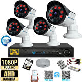 4 Kameralı Set 250 Gb Hdd Full Hd Gece Görüşlü Güvenlik Kamerası Sistemi-Sabit İp Gerektirmez-