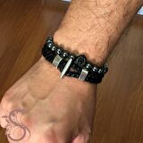 HEMATİT DOĞAL TAŞ ve DERİ ERKEK BİLEKLİK BK030