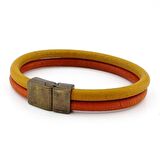 Sarı Kızıl Taba Orjinal Deri İki Sıra Metal Erkek Bileklik M016S