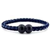 SİYAH TOP METAL KLİPSLİ LACİVERT ÖRGÜ DERİ ERKEK BİLEKLİK M034C