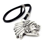 KIZILDERİLİ ŞEF ULU MANİTU SİYAH DERİ METAL ERKEK KOLYE Q0593