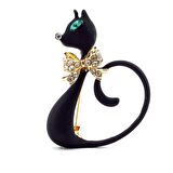 ZARİF KARA KEDİ ZİRKON TAŞLI BÜYÜK BOY ROZET BROŞ RZ071