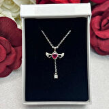 Melek Kanatlı Kalp ve Tektaş Sallantılı Kadın Kolyesi 925 Ayar Gümüş Zincirli Rodyumlu Zirkon Taşlı