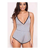 Gri Dantel İşlemeli Birleşik Şortlu Pijama