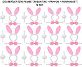 Pembe Tavşan Kostüm Seti - Taç, Papyon, Ponpon (12 li Paket)