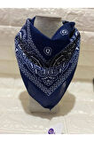 %100 Pamuk Unisex Lacivert Renk Etnik Desenli Bandana - Fular