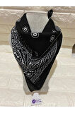 %100 Pamuk Unisex Siyah Renk Etnik Desenli Bandana - Fular
