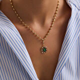 14 Ayar Özel Tasarım Yeşil Taşlı Kolye Ball Chain