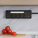 4’lü Akım Korumalı Priz | 2 USB-C + 2 USB-A Çıkış | LED Işıklı Güvenli Şarj Ünitesi | 2 Metre Kablo – Hızlı Şarj Desteği