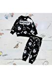 Mickey Mouse Çizgi Karakterli Siyah Erkek Çocuk Eşofman Pijama Alt Üst Takımı