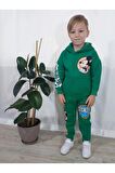 Mickey Mouse Çizgi Karakterli Yeşil Kapüşonlu Erkek Çocuk Eşofman Pijama Alt Üst Takımı